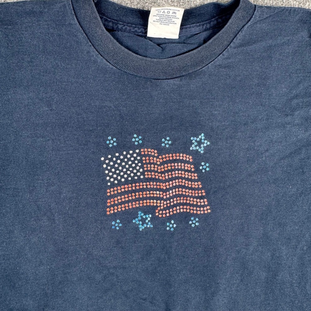 Alore T-Shirt Mens Size XL Navy Blue Rhinestone American Flag USA Made Cotton